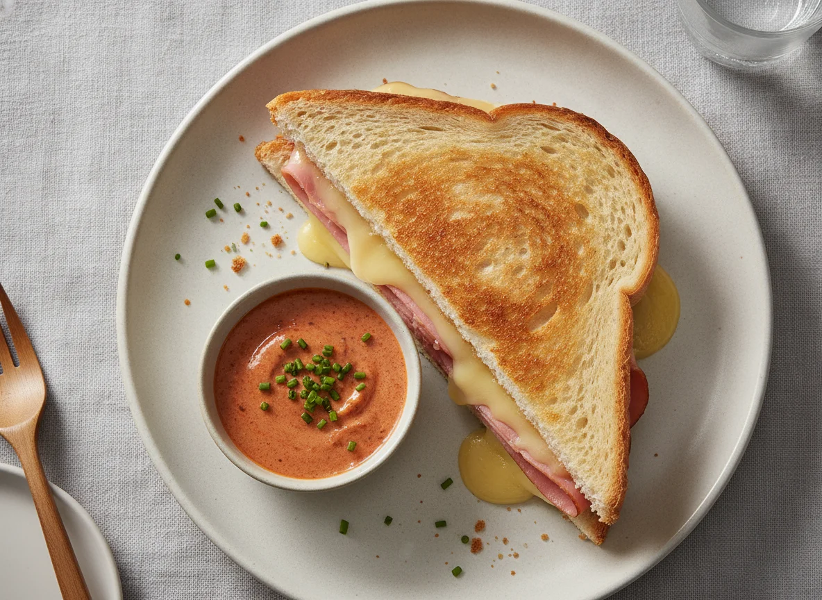 Grilled Ham and Cheese Sandwich with Cocktail Sauce photo