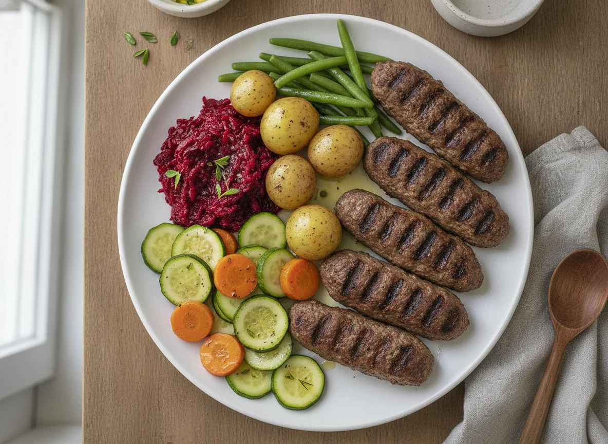 Grilled Kefta with Steamed Vegetables and Beetroot Salad photo