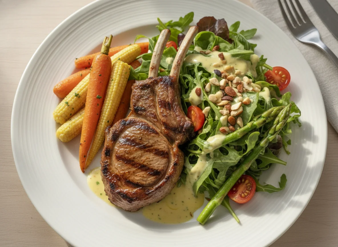 Grilled Lamb Chop with Mixed Salad and Roasted Vegetables photo