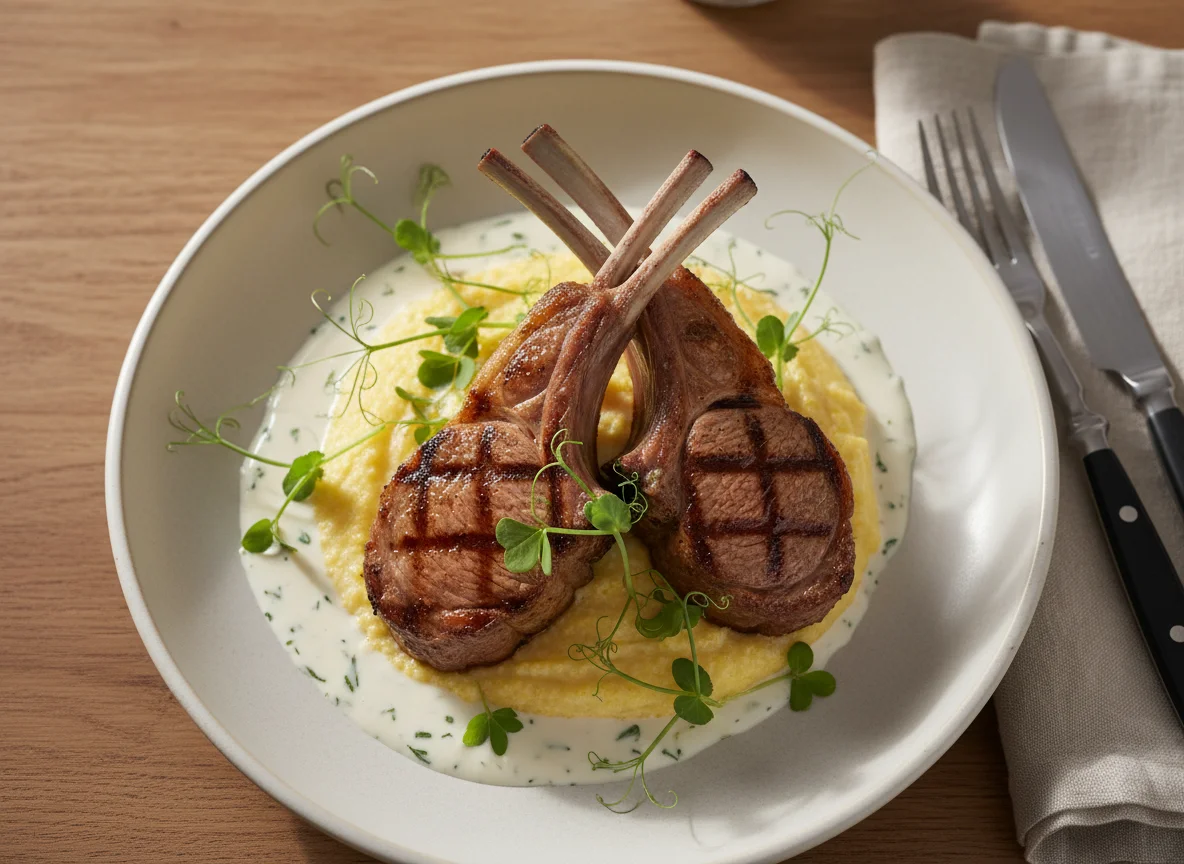 Grilled Lamb Chop with Polenta and Cream Sauce photo