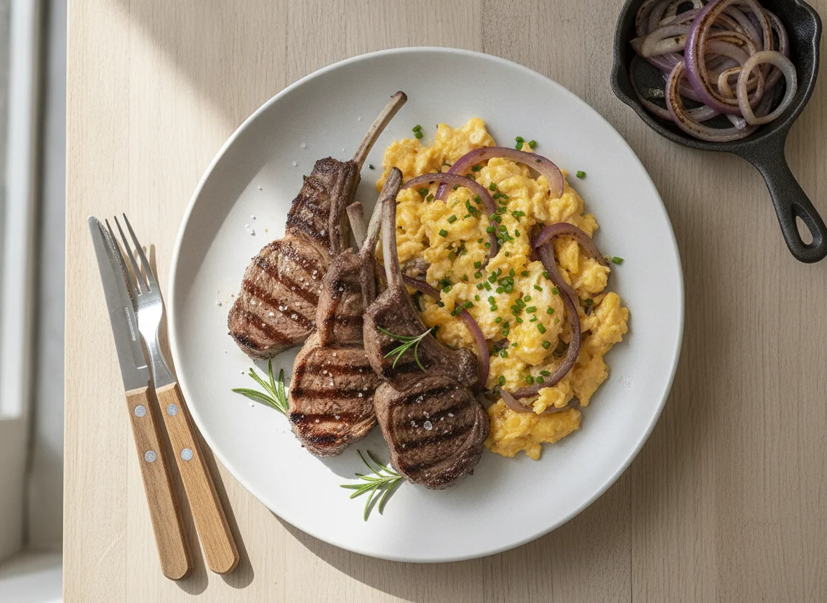 Grilled Lamb Chop with Scrambled Eggs and Onions photo