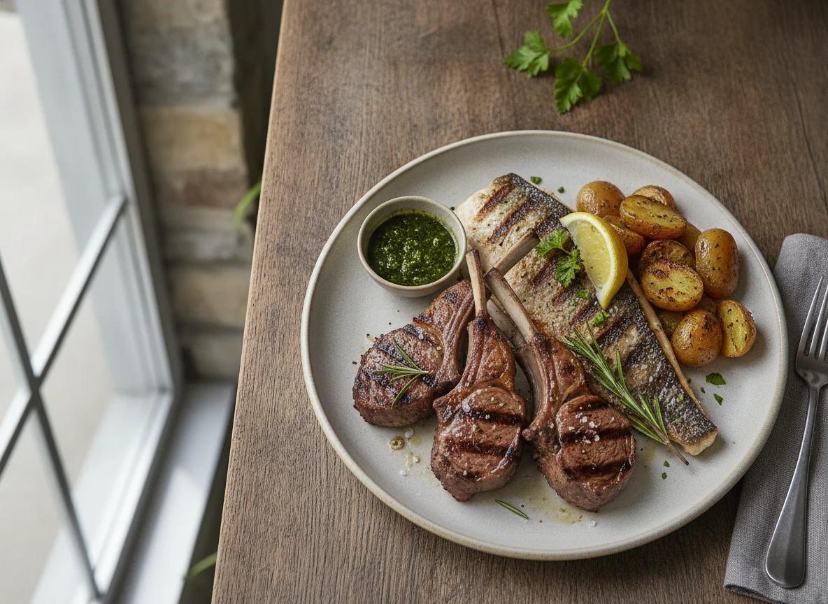Grilled Lamb Chops and Fish photo