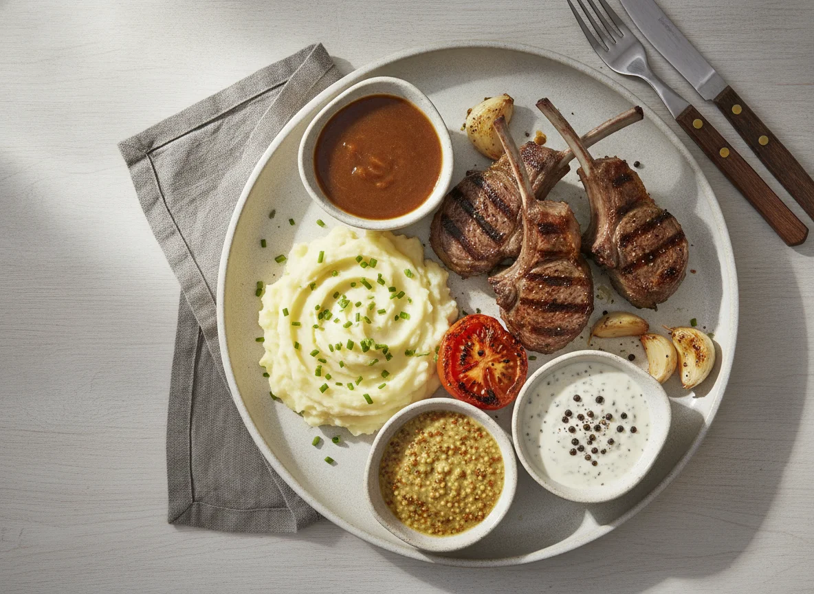 Grilled Lamb Chops with Mashed Potatoes and Sauces photo