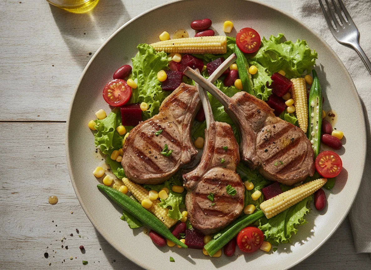Grilled Lamb Chops with Mixed Salad and Vegetables photo