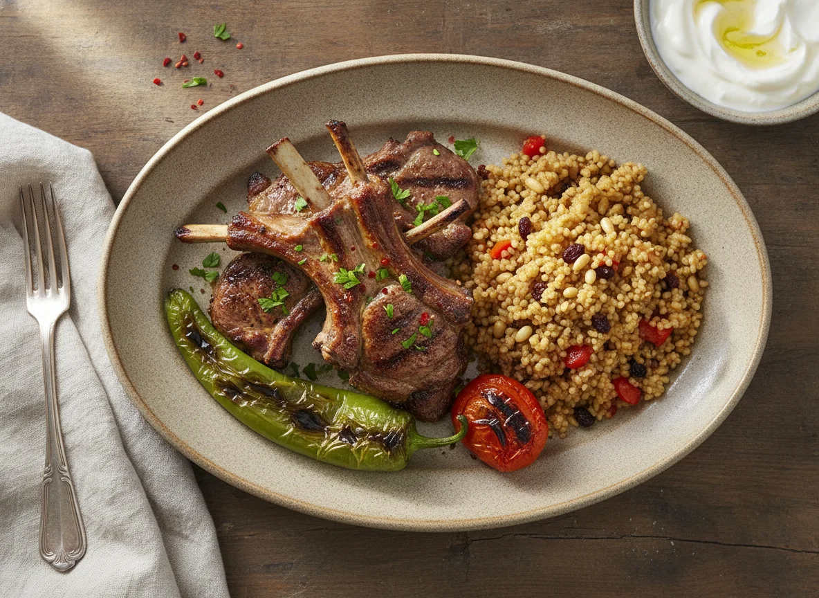 Grilled Lamb Ribs with Bulgur Pilaf and Grilled Pepper photo