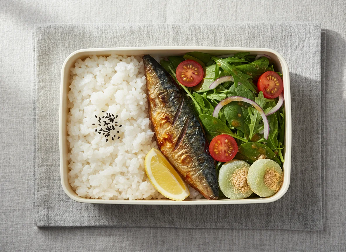 Grilled Mackerel Bento Box with Rice and Salad photo