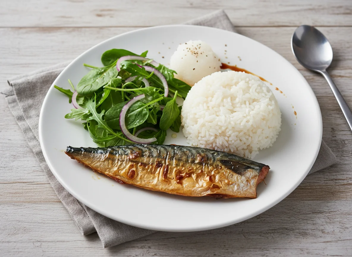 Grilled Mackerel with Rice and Salad photo