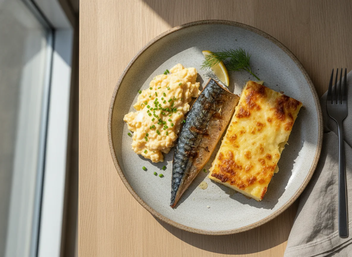 Grilled Mackerel with Scrambled Eggs and Potato Gratin photo