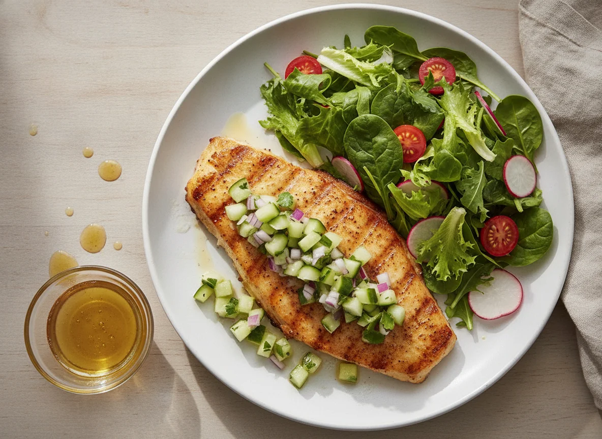 Grilled Mahi Mahi with Cucumber Salsa and Green Salad photo