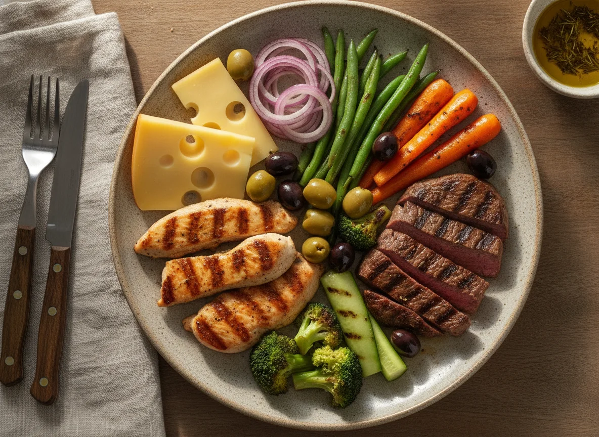 Grilled meat and vegetable platter with cheese photo