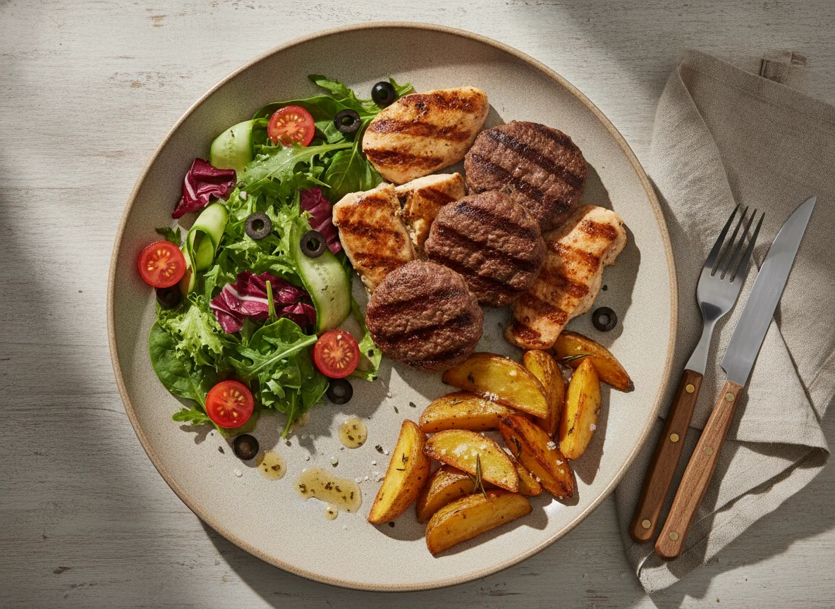 Grilled meat platter with mixed salad photo