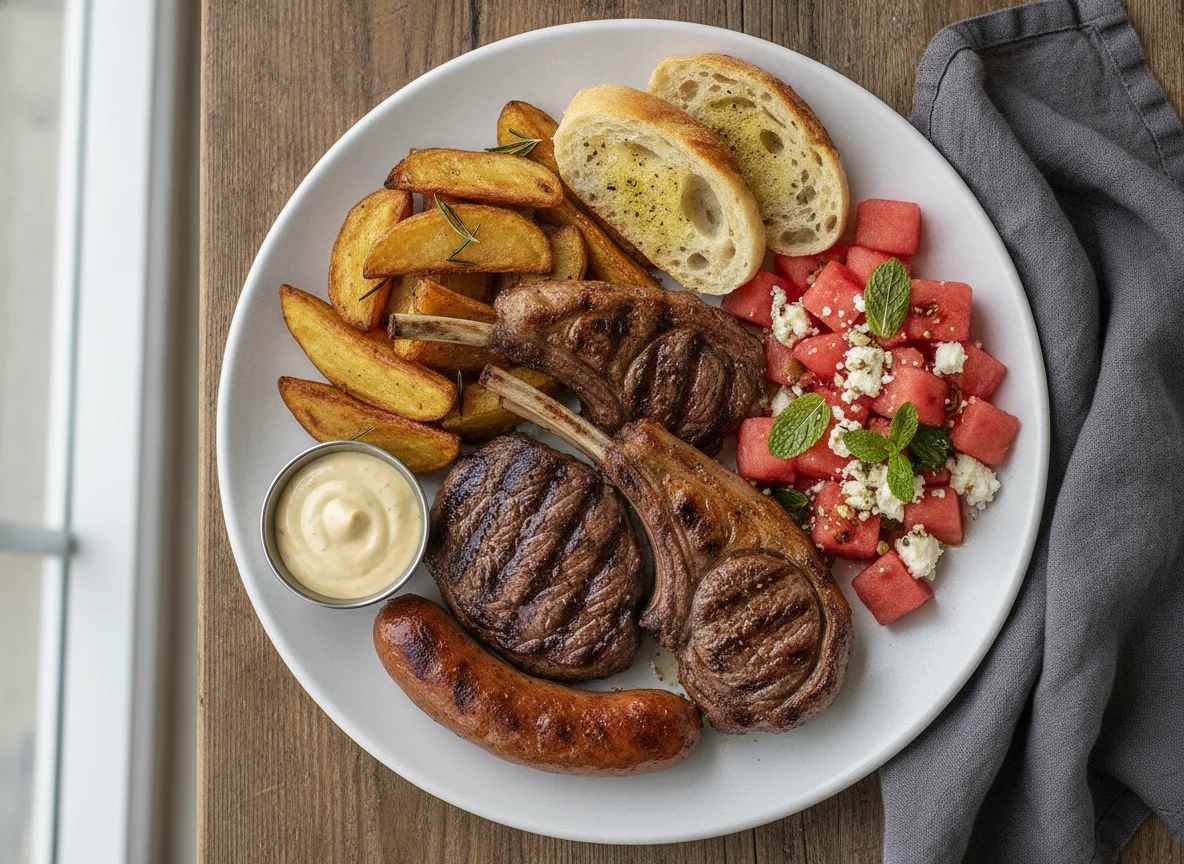 Grilled meat platter with potatoes and salad photo