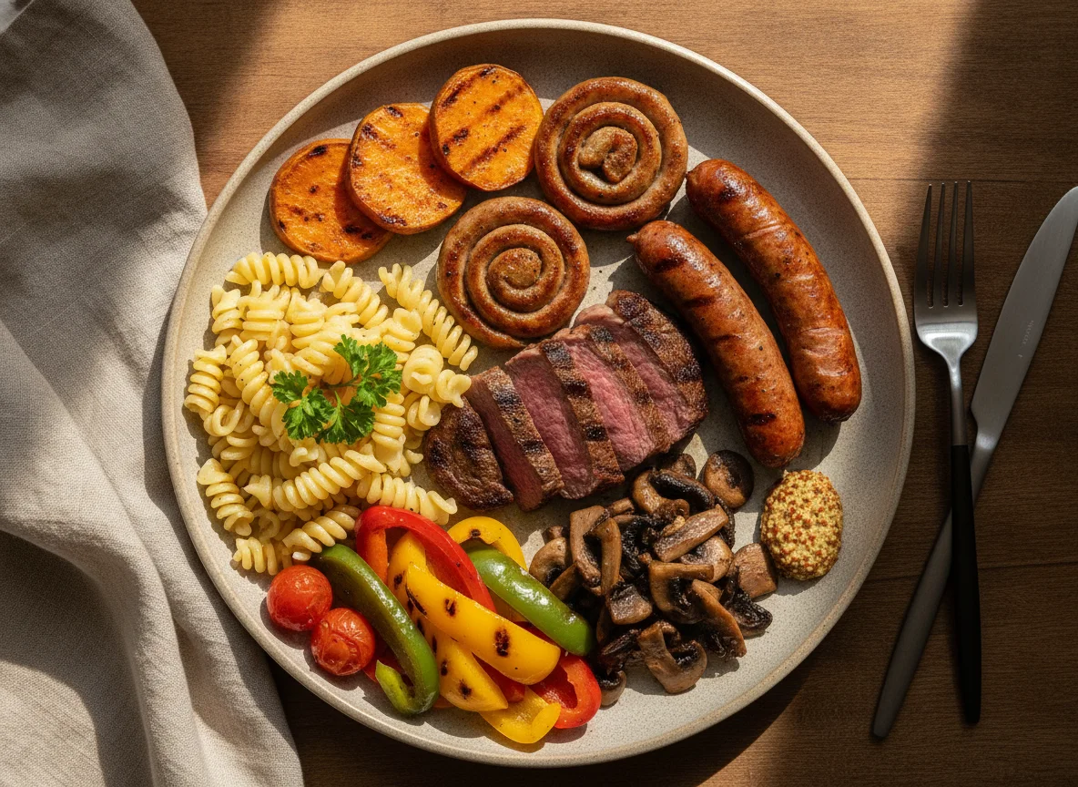 Grilled meat platter with vegetables and pasta photo