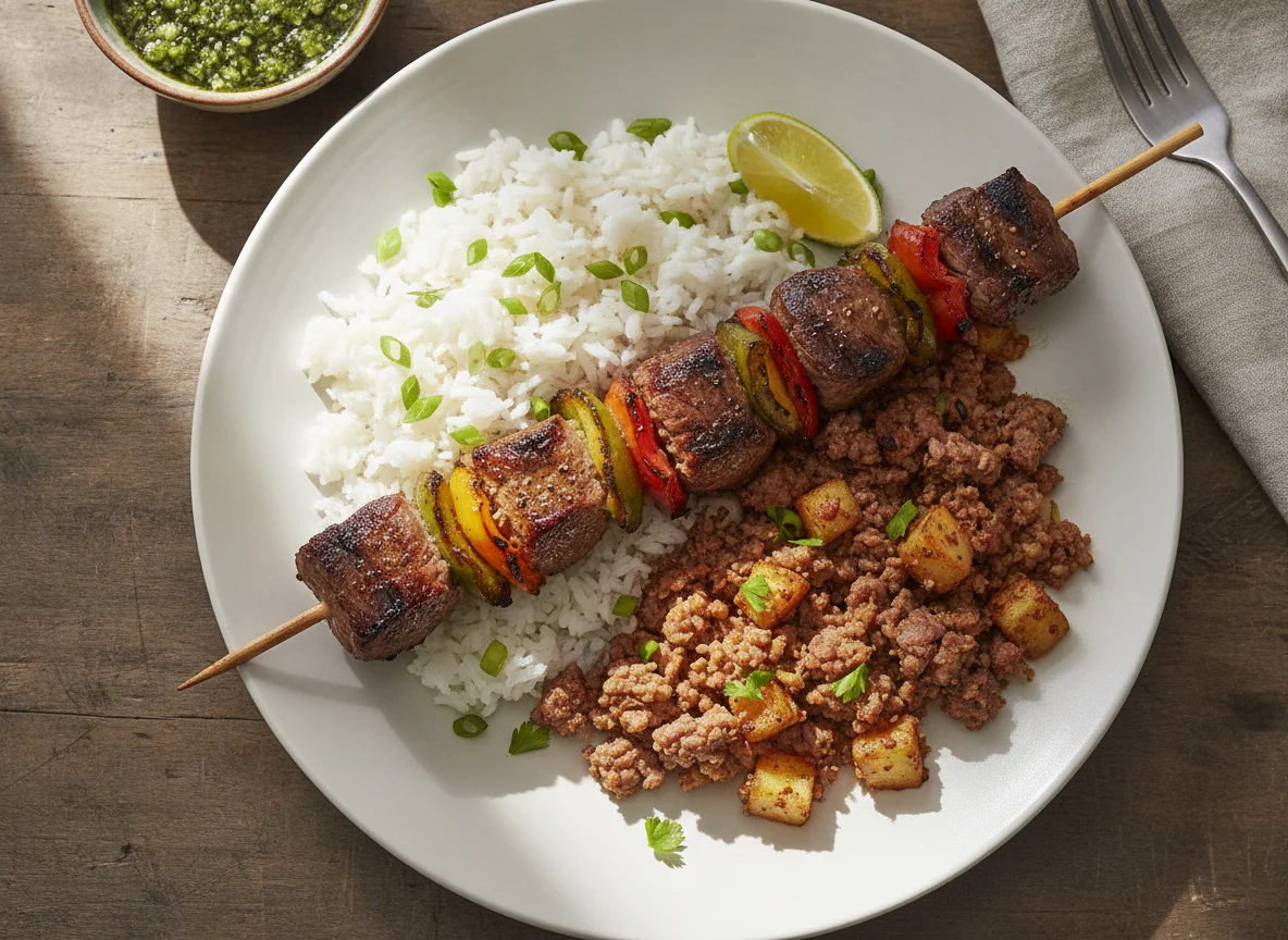 Grilled Meat Skewer with Rice and Corned Beef photo