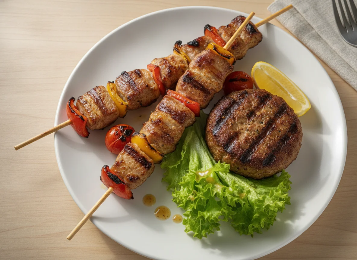 Grilled Meat Skewers and Patty with Lettuce photo