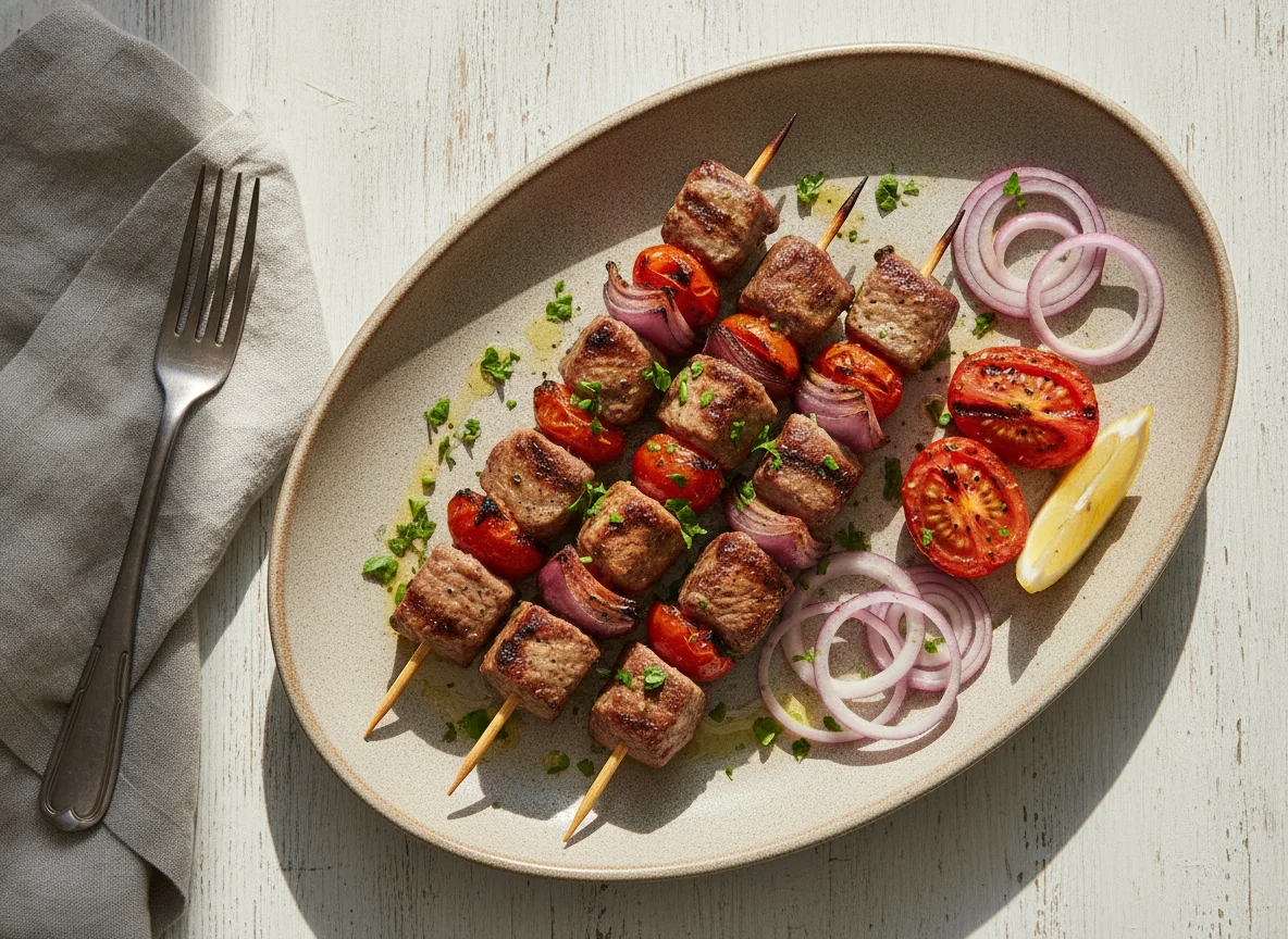 Grilled Meat Skewers with Onion and Tomato photo