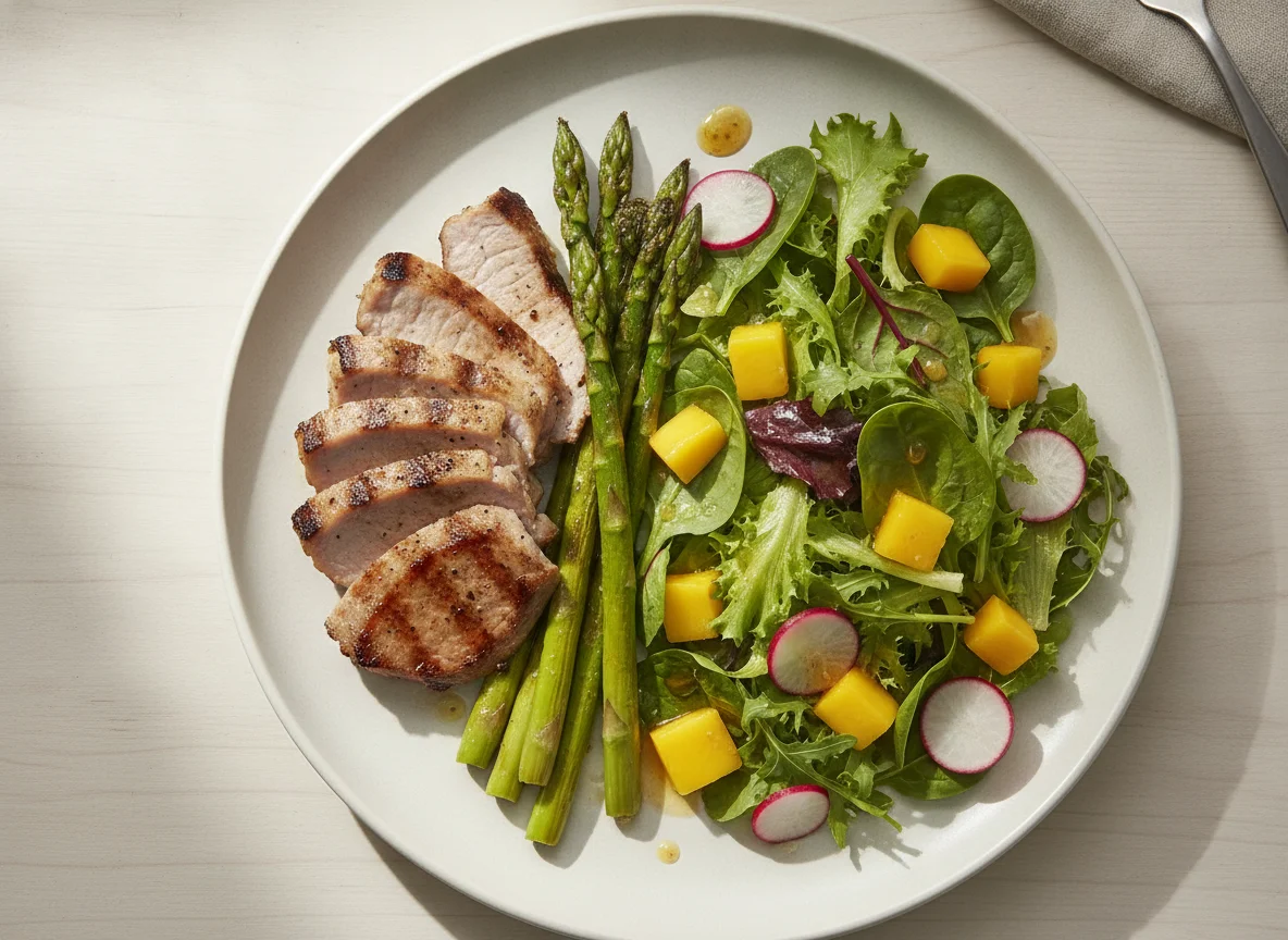 Grilled meat with asparagus and mixed salad photo