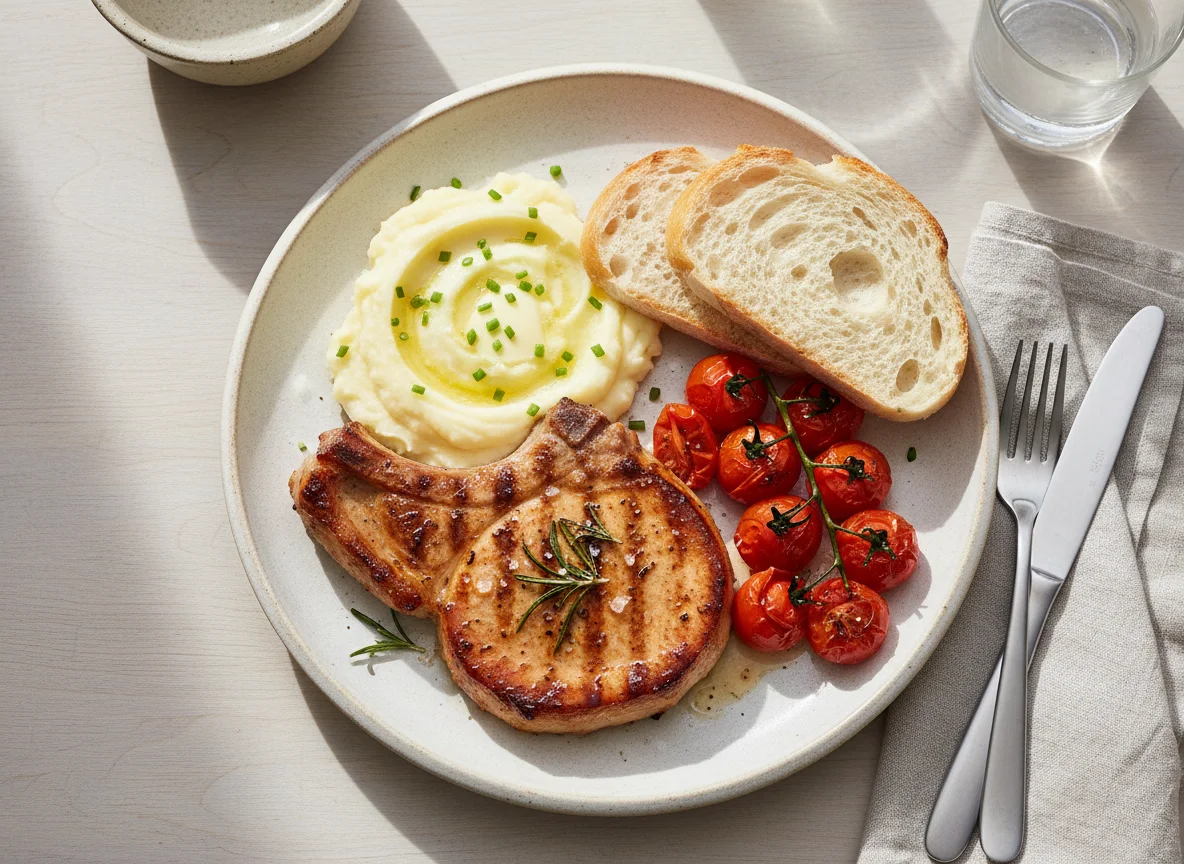 Grilled Meat with Mashed Potatoes, Tomatoes, and Bread photo