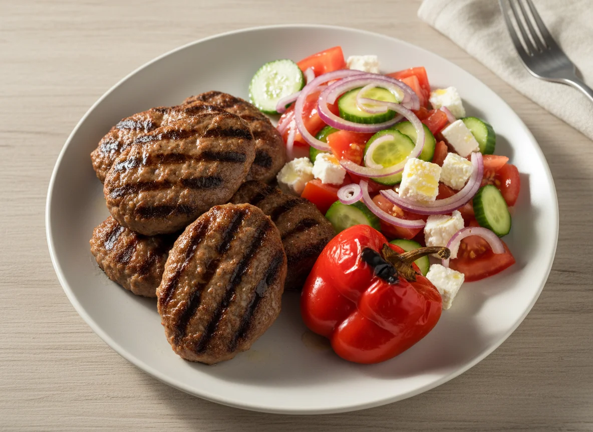 Grilled Meat with Shopska Salad and Roasted Pepper photo