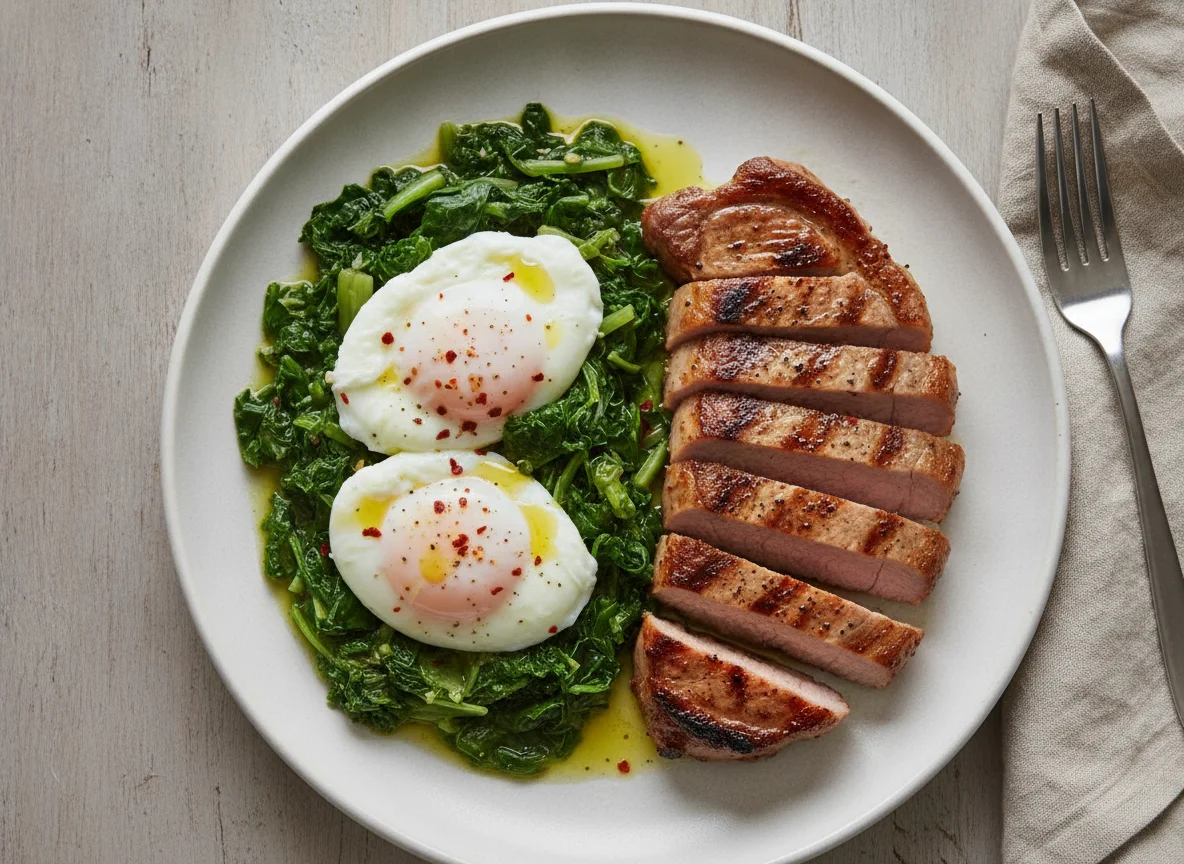 Grilled Meat with Stewed Greens and Eggs photo