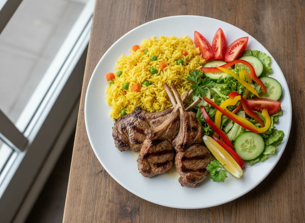 Grilled Meat with Yellow Rice and Salad photo