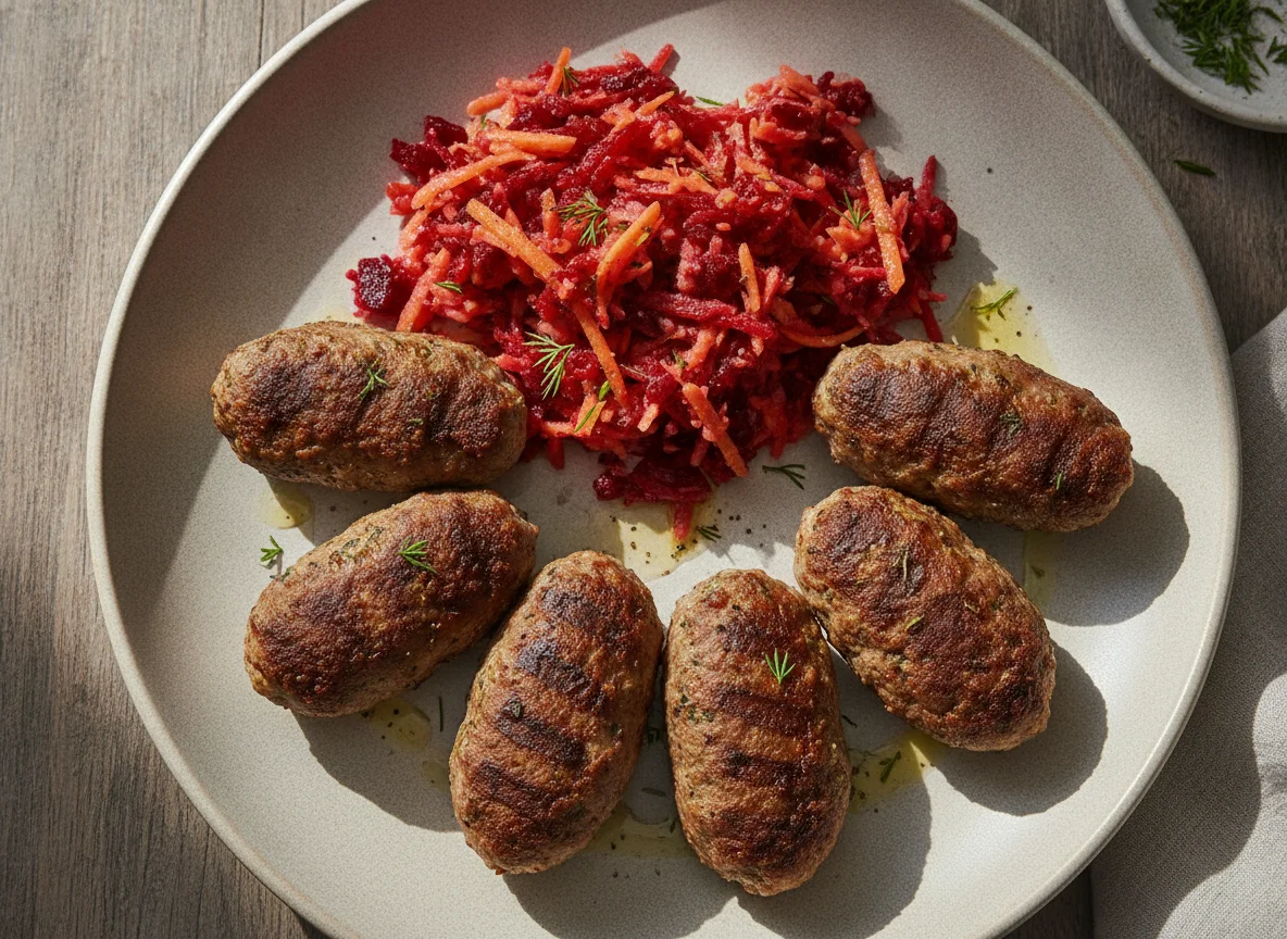Grilled meatballs with beetroot and carrot salad photo