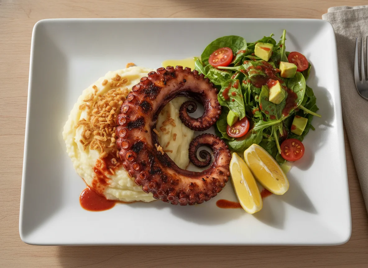 Grilled Octopus with Mashed Potatoes and Salad photo