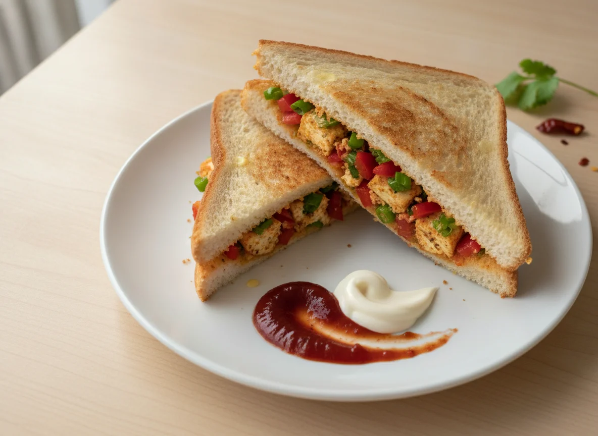 Grilled Paneer Sandwich with Chutney and Mayo photo