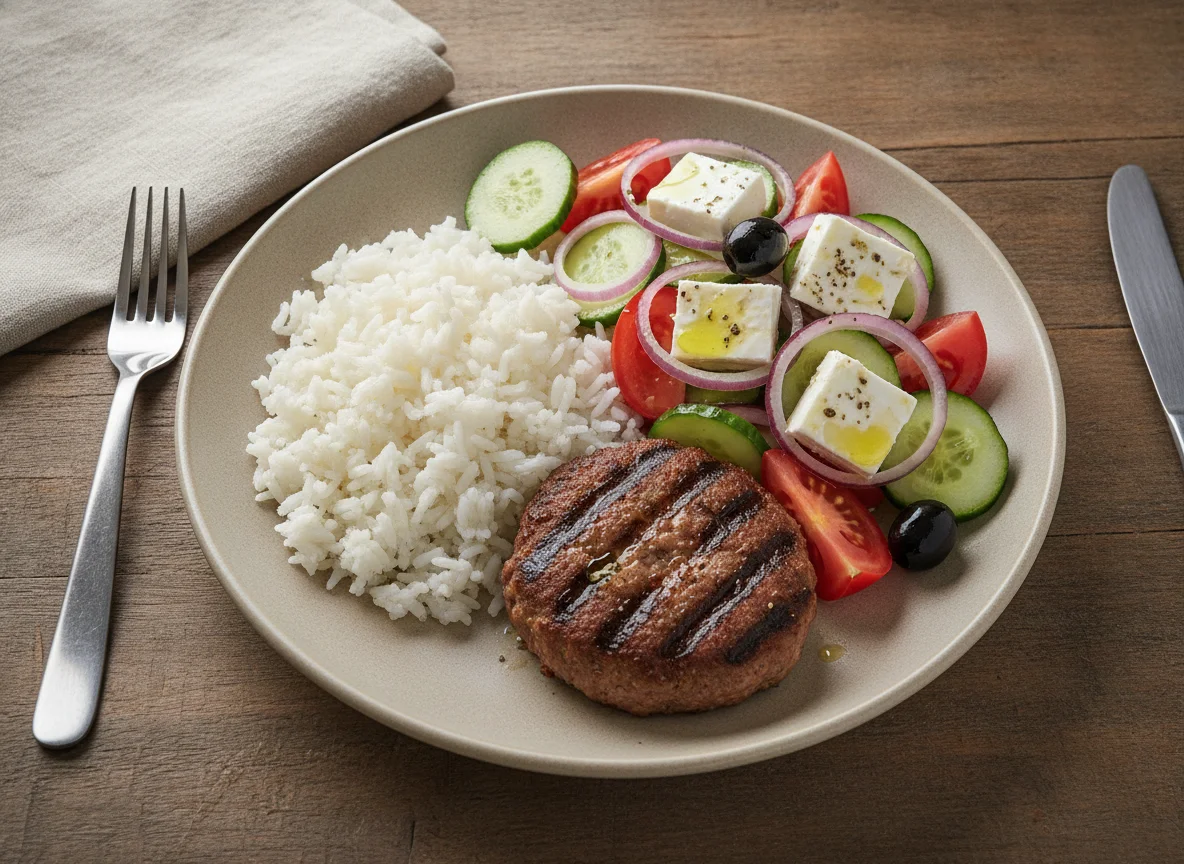 Grilled patty with rice and Greek-style salad photo
