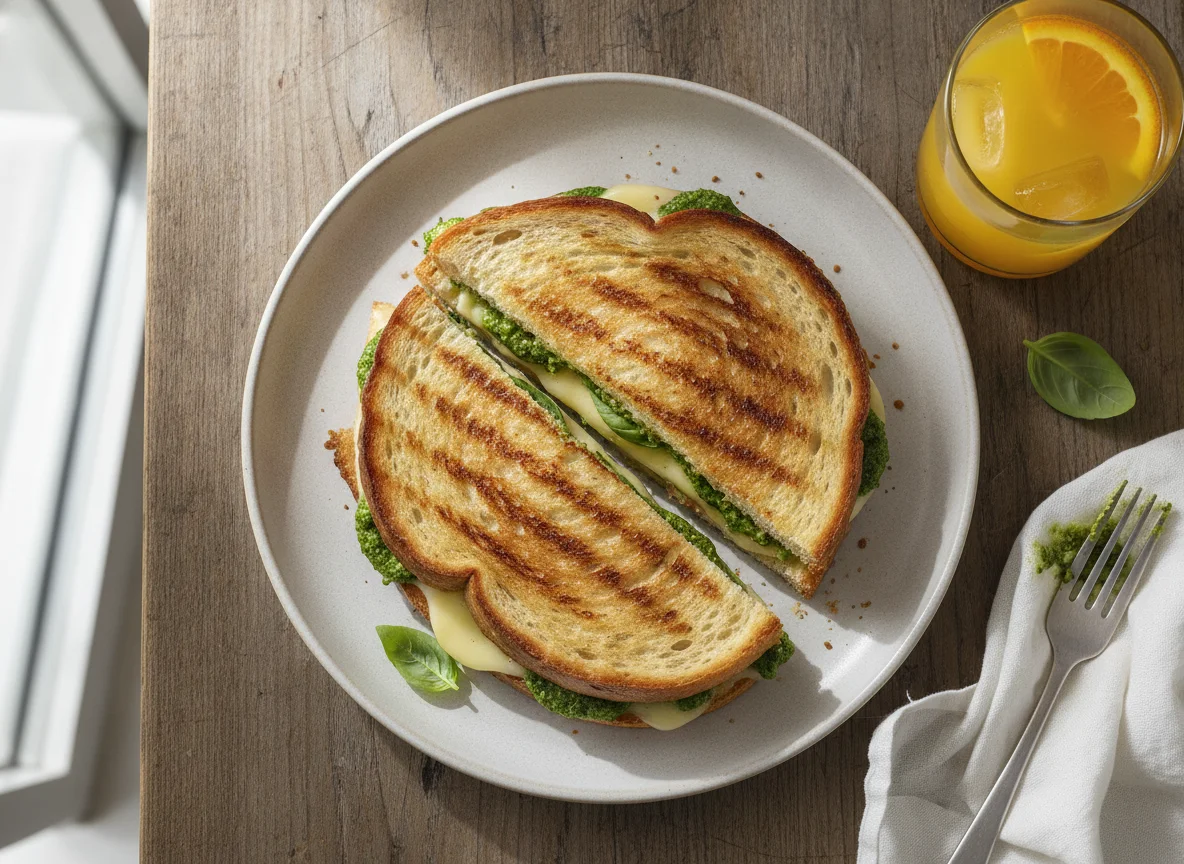 Grilled Pesto Sandwich and Orange Juice photo