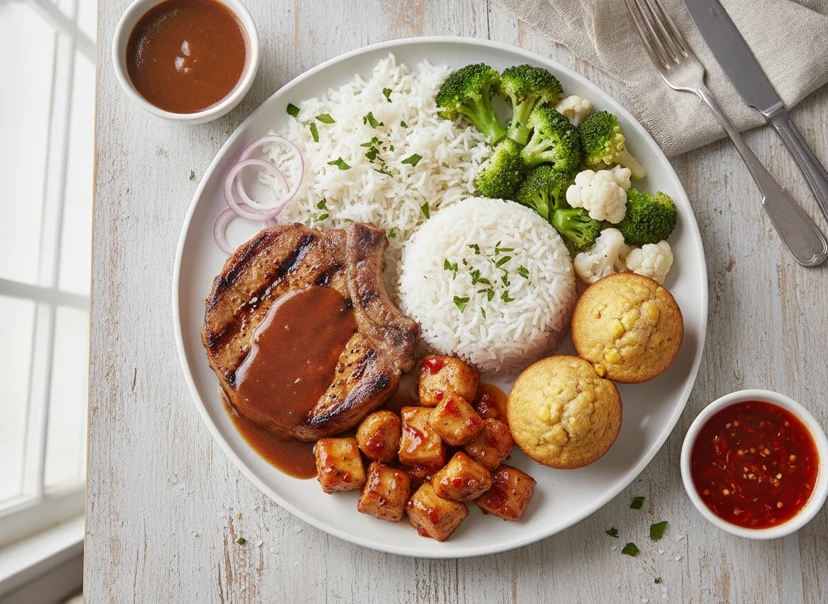 Grilled Pork and Chicken with Rice and Vegetables photo