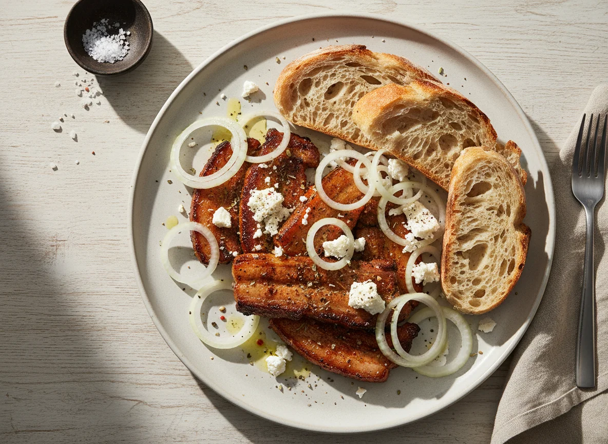 Grilled Pork Belly with Bread, Onion and Cheese photo