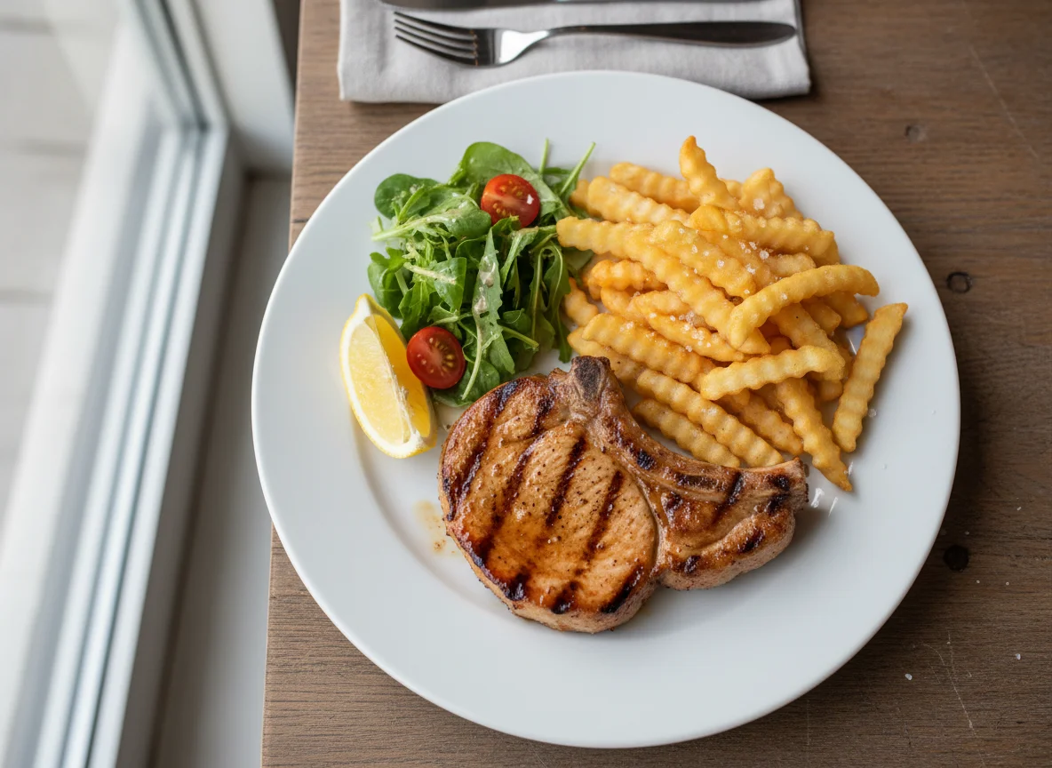 Grilled Pork Chop with French Fries and Lemon photo