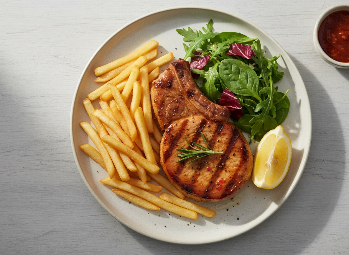 Grilled Pork Chop with Fries and Lemon photo