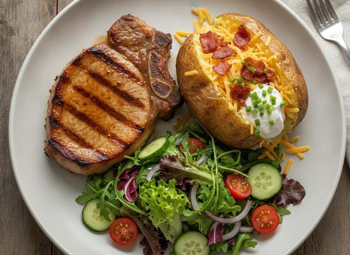 Grilled Pork Chop with Loaded Baked Potato and Garden Salad photo
