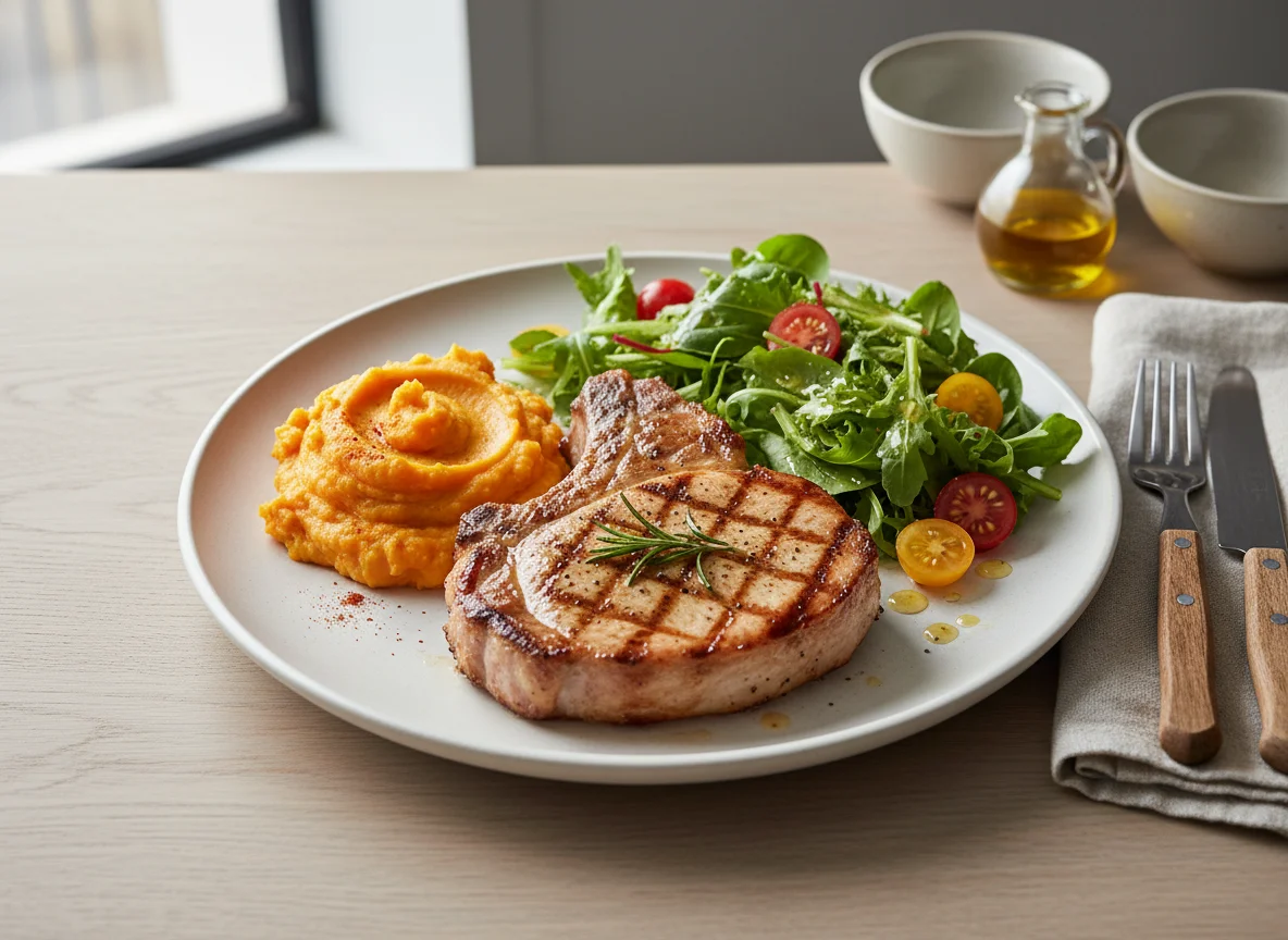 Grilled Pork Chop with Sweet Potato Mash and Mixed Salad photo