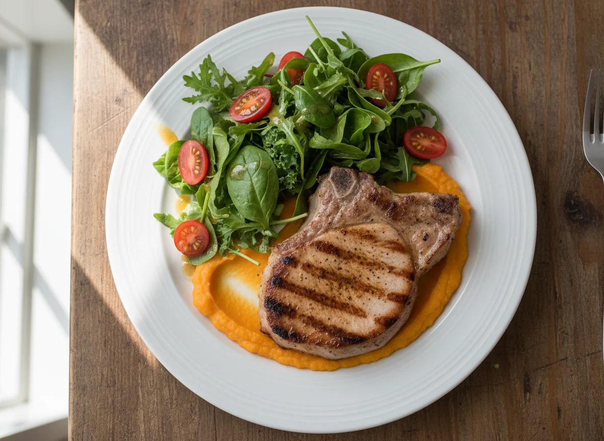 Grilled Pork Chop with Sweet Potato Puree and Mixed Salad photo