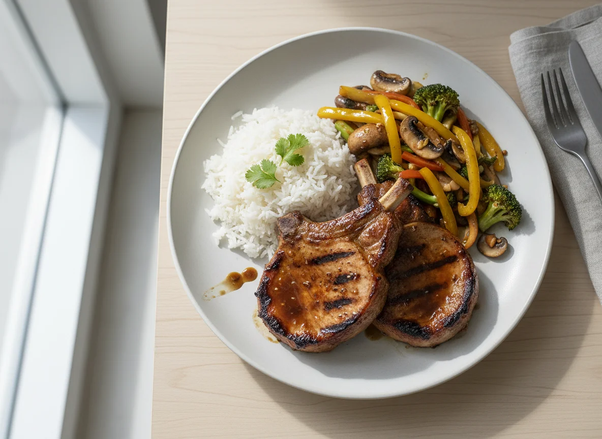 Grilled Pork Chops with Rice and Stir-fried Vegetables photo