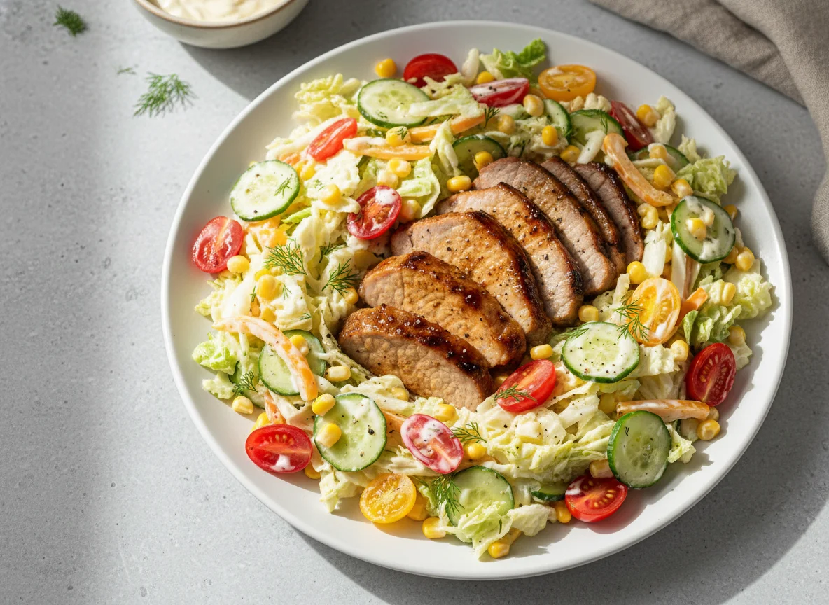 Grilled Pork Neck with Creamy Vegetable Salad photo