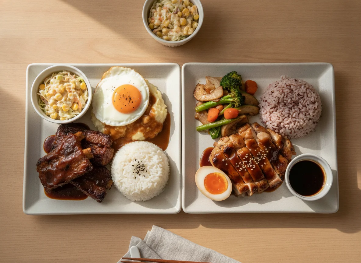 Grilled Pork Ribs with Rice and Teriyaki Chicken Rice Meal photo