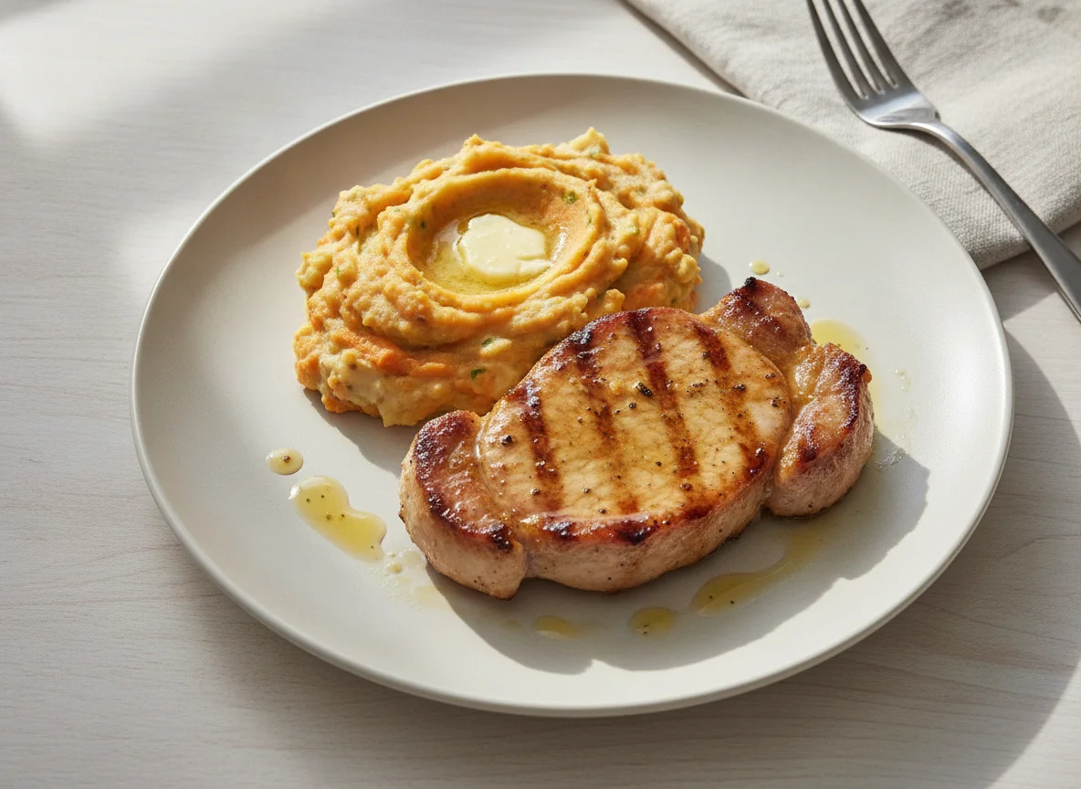 Grilled pork steak with mashed carrots and potatoes photo