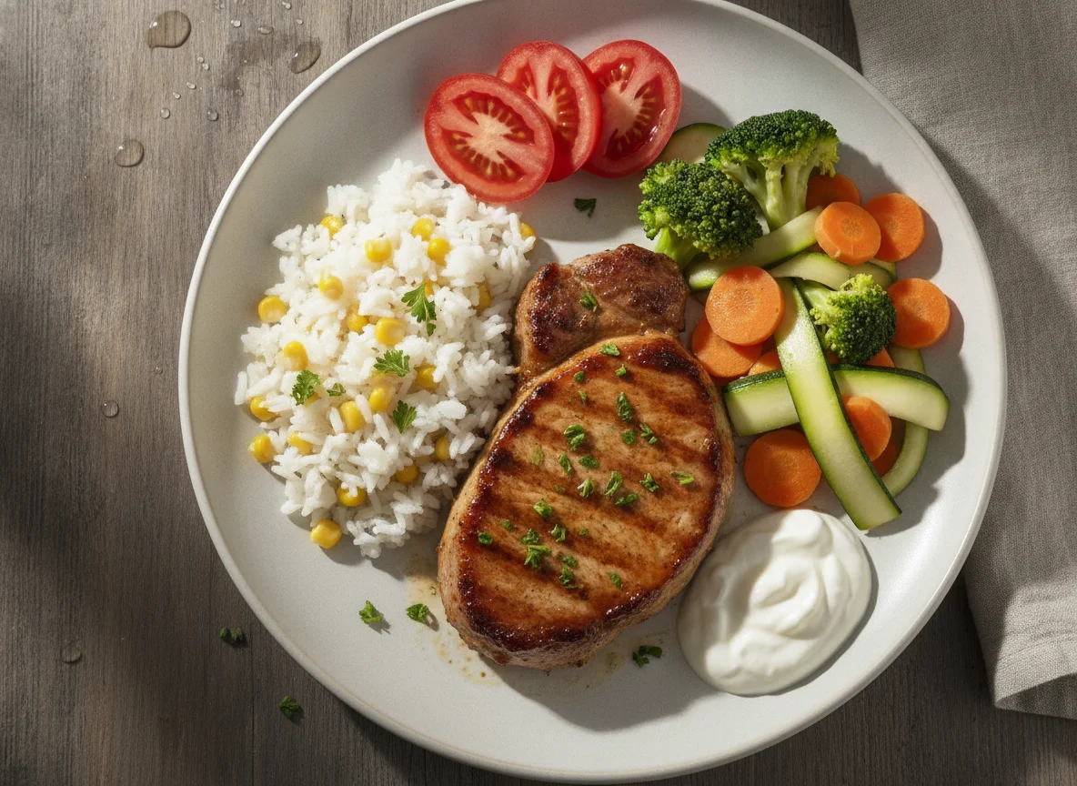 Grilled Pork Steak with Rice and Vegetables photo
