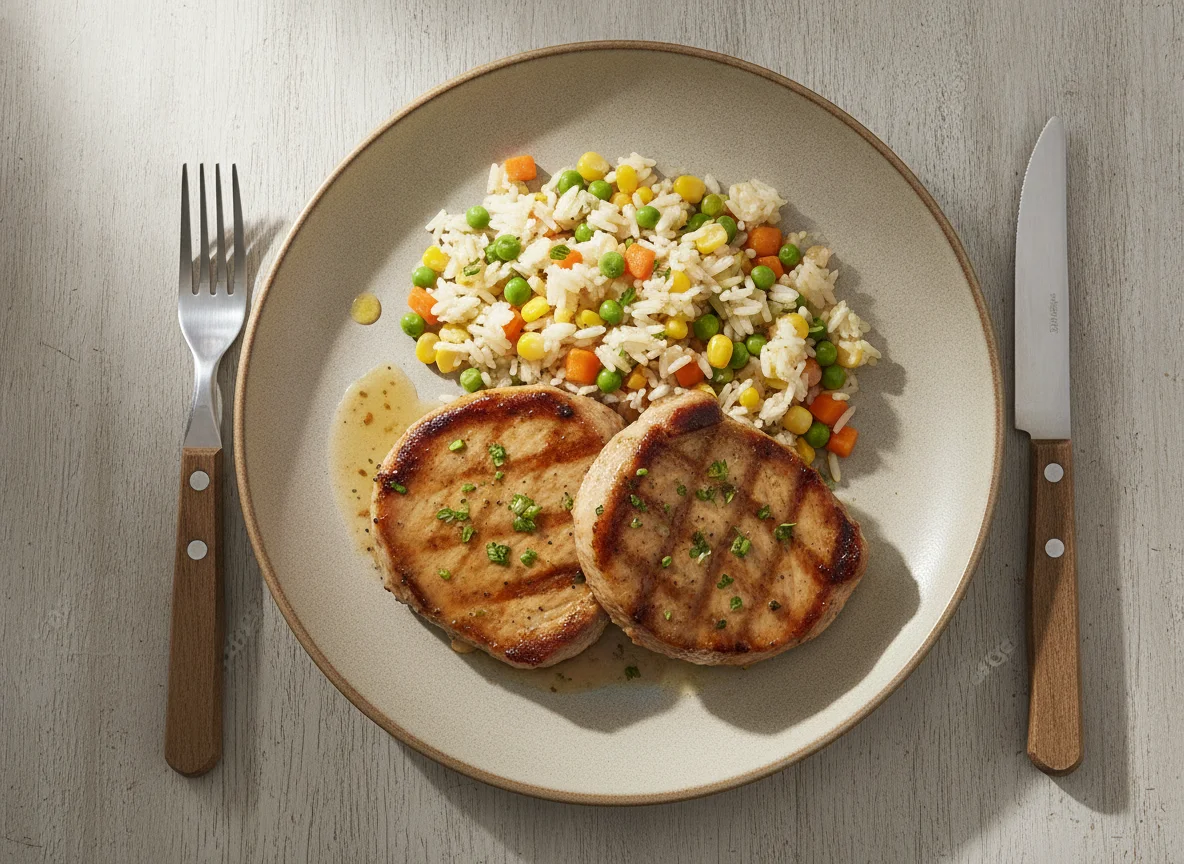 Grilled pork steaks with vegetable rice photo