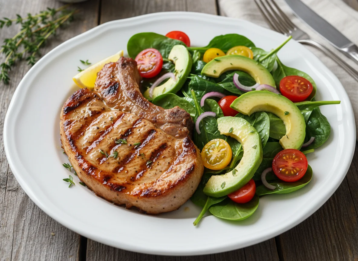 Grilled Pork with Avocado and Spinach Salad photo