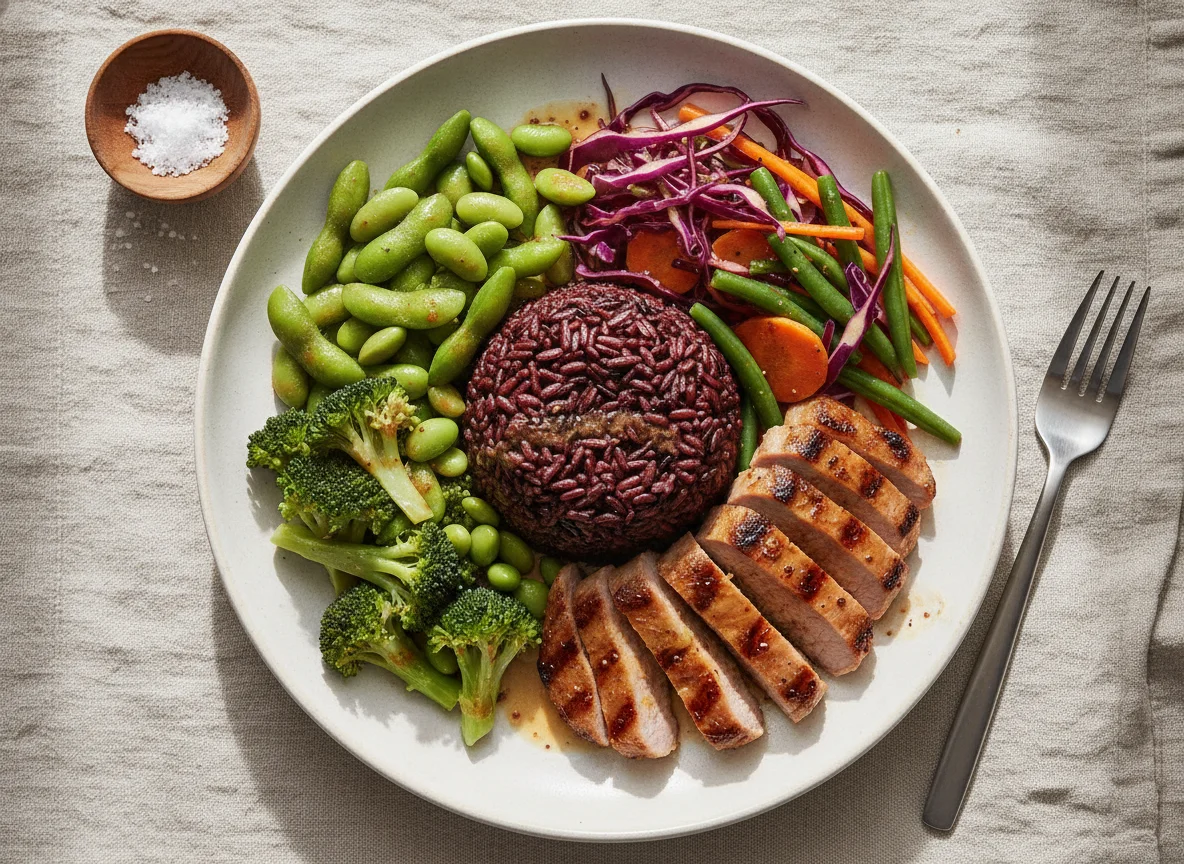 Grilled Pork with Black Rice and Steamed Vegetables photo
