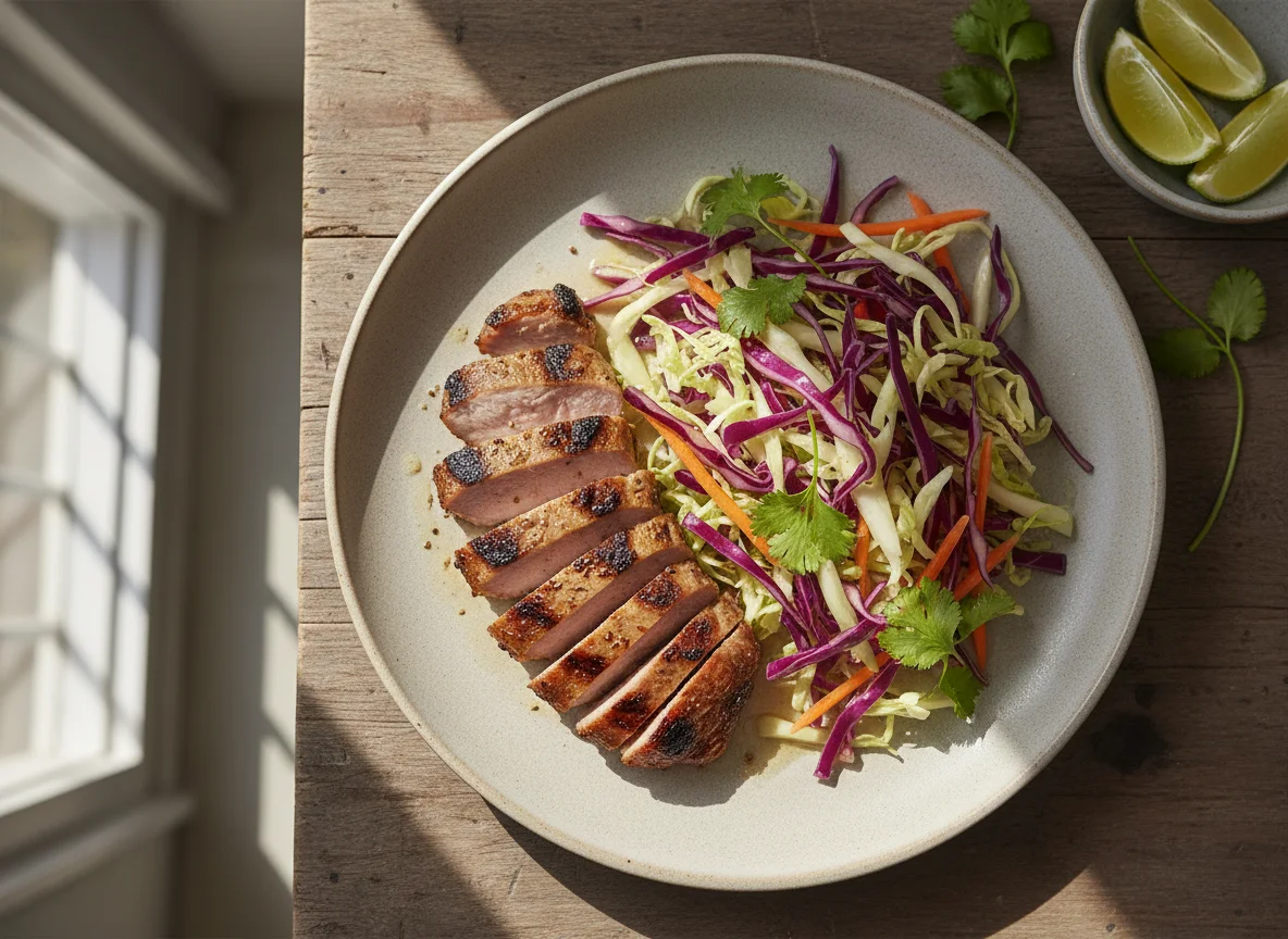 Grilled Pork with Cabbage and Carrot Salad photo