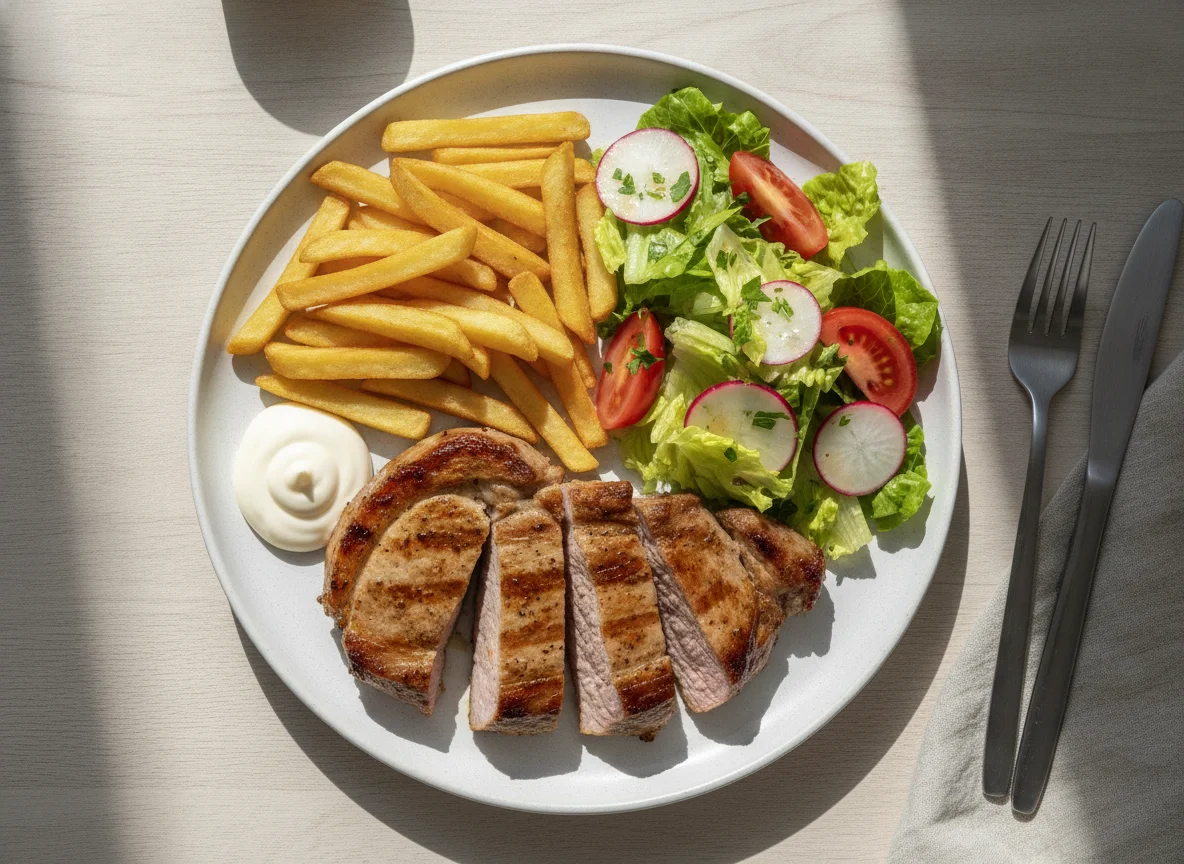 Grilled pork with french fries and side salad photo