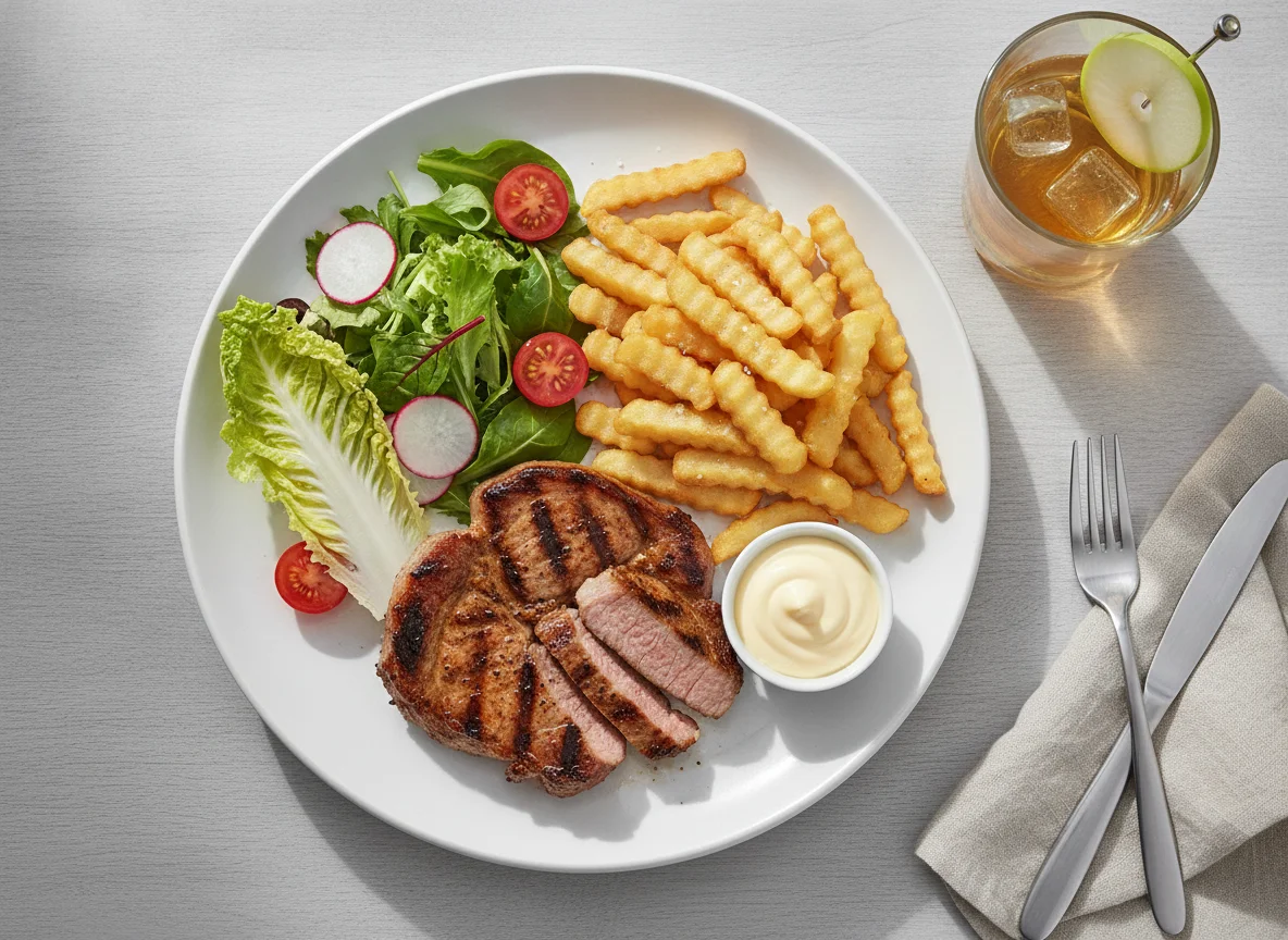 Grilled pork with french fries, salad and apple juice photo