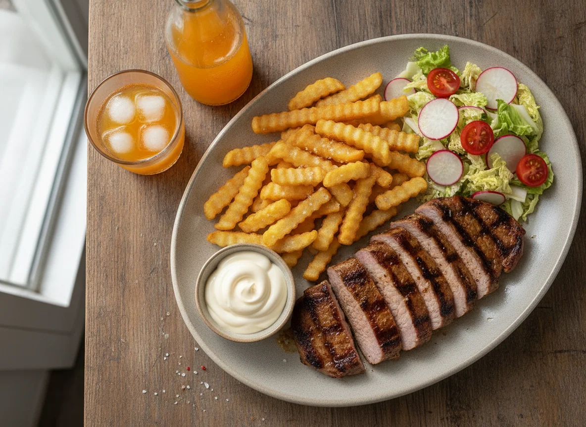 Grilled pork with french fries, salad and mayonnaise photo