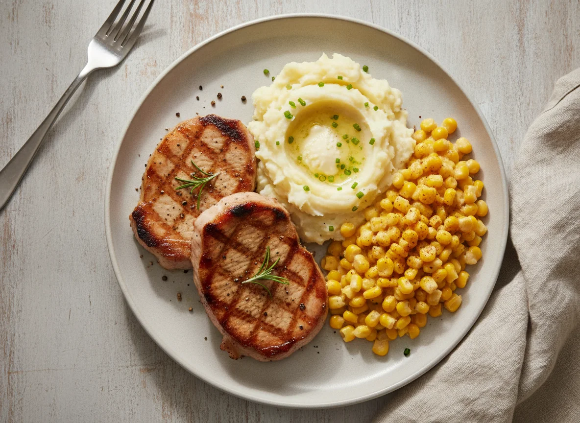 Grilled Pork with Mashed Potatoes and Creamed Corn photo